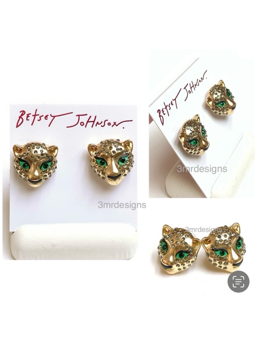 NWT Betsey Johnson💋LEOPARD HEAD Gold Tone Green Glass Stones Eyes Stud Earrings